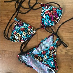Venus Black Ikat Turquoise Triangle Tie Bikini